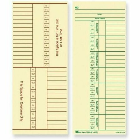 TOPS BUSINESS FORMS TIME CARDS, NAMED DAYS, 3-3/8X8-, 100PK TOP12603
